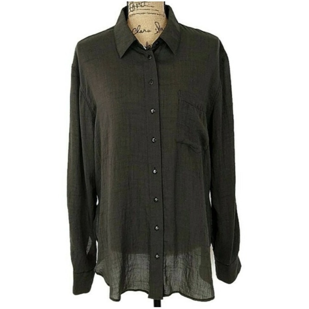 Free People Top Green Button Front Semi Sheer Collared Long Sleeve sz S Boho